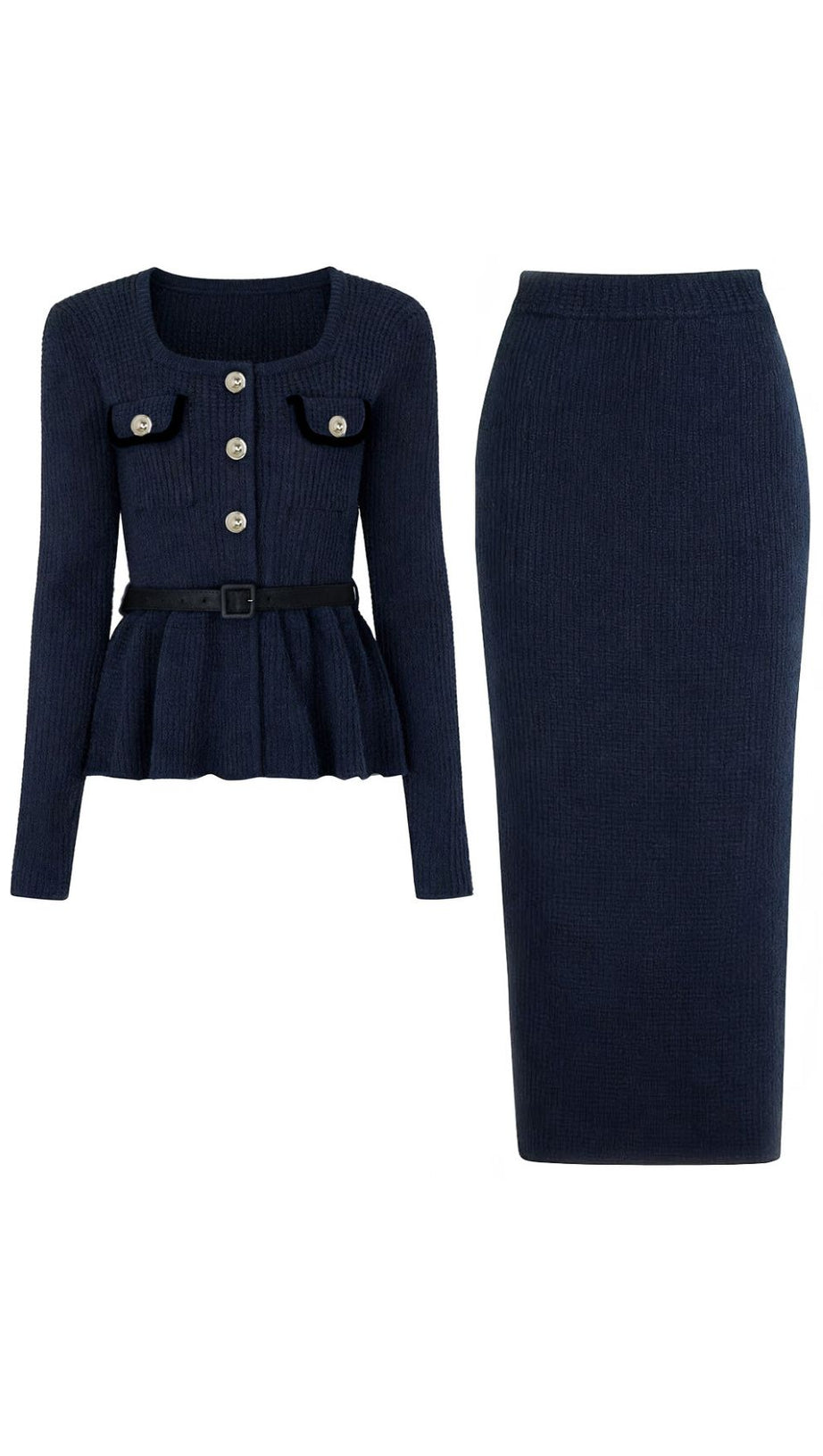 Chic Ribbed Knit Peplum Top & Midi Skirt Set - The Jakob Ensemble