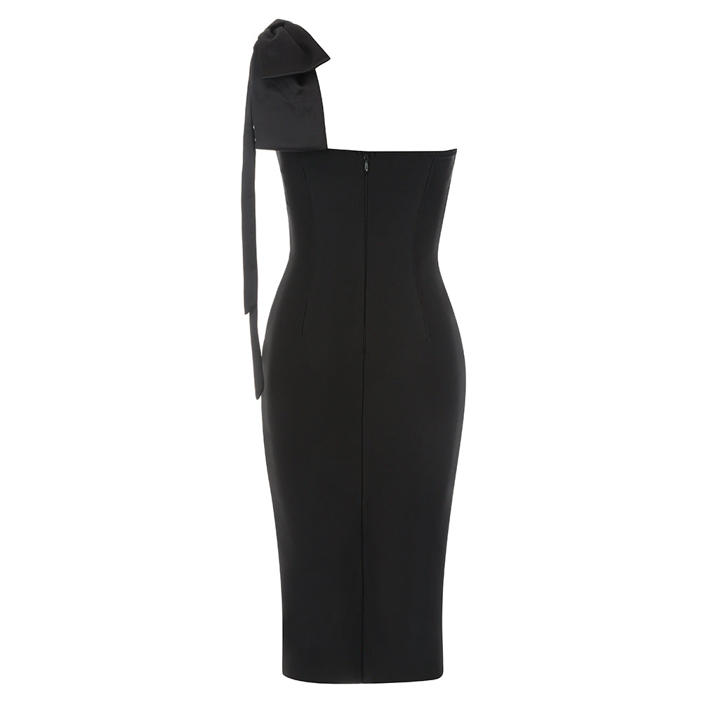 AIIZIE CALISTA BLACK ONE BOW SHOULDER SPLIT BANDAGE MIDI DRESS - product image