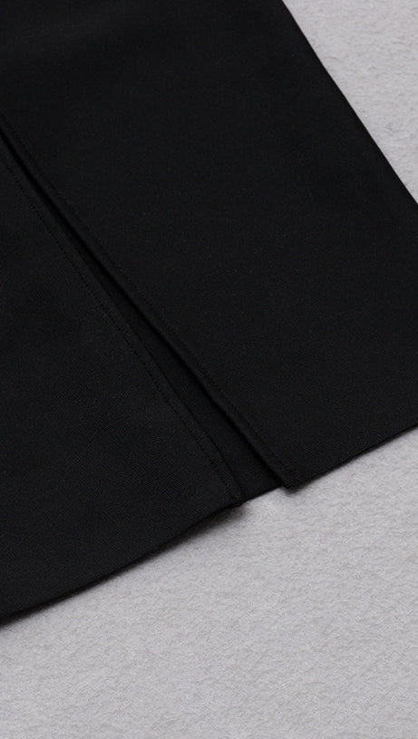 CALISTA BLACK ONE BOW SHOULDER SPLIT BANDAGE MIDI DRESS
