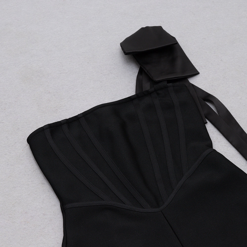 AIIZIE CALISTA BLACK ONE BOW SHOULDER SPLIT BANDAGE MIDI DRESS - product image