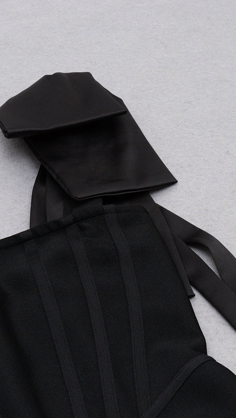 CALISTA BLACK ONE BOW SHOULDER SPLIT BANDAGE MIDI DRESS