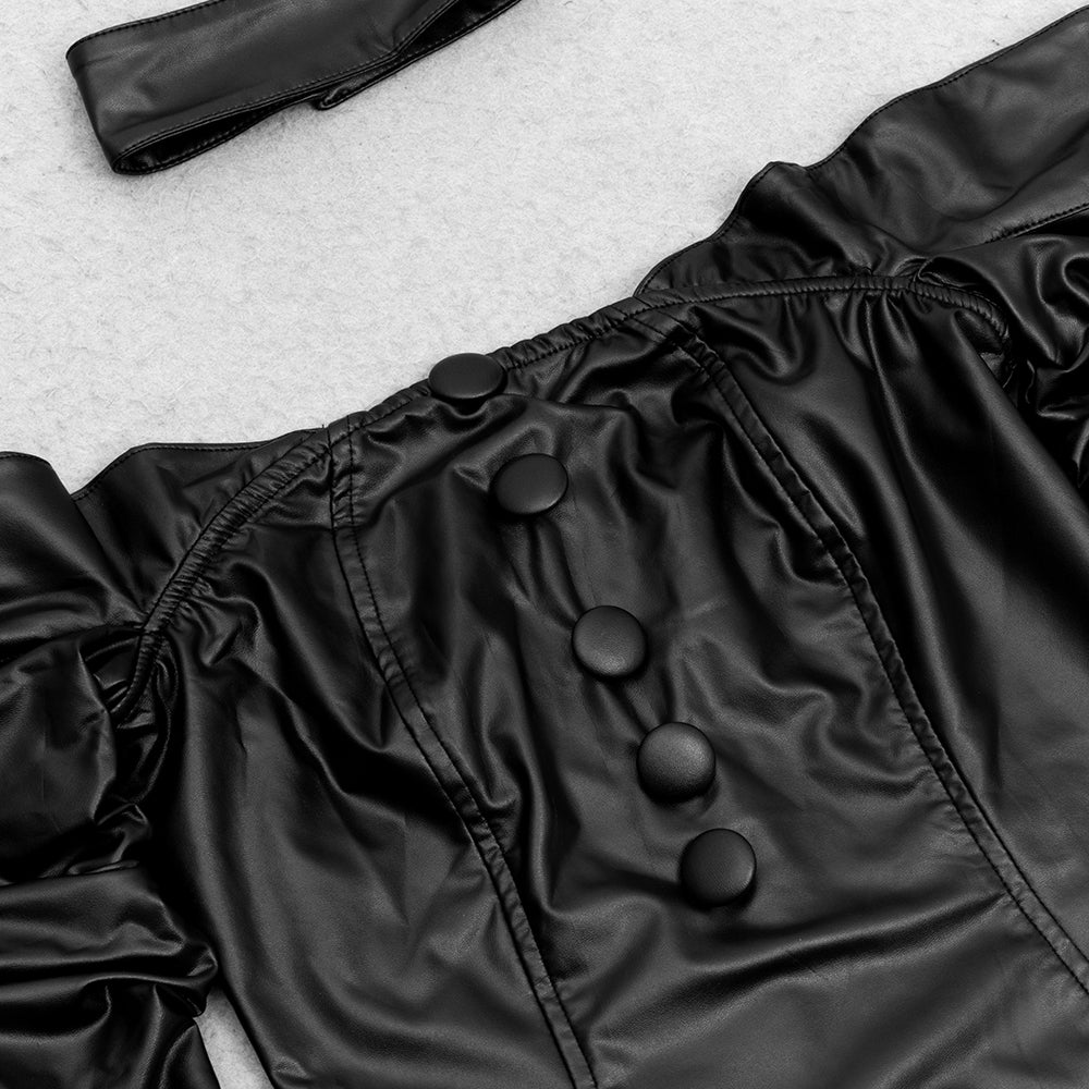 AIIZIE BLACK OFF-SHOULDER LONG-SLEEVED LEATHER DRESS WITH SLIT - product image