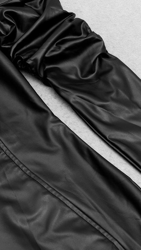 BLACK OFF-SHOULDER LONG-SLEEVED LEATHER DRESS WITH SLIT