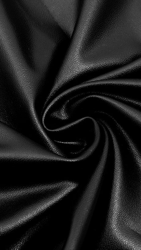 BLACK OFF-SHOULDER LONG-SLEEVED LEATHER DRESS WITH SLIT