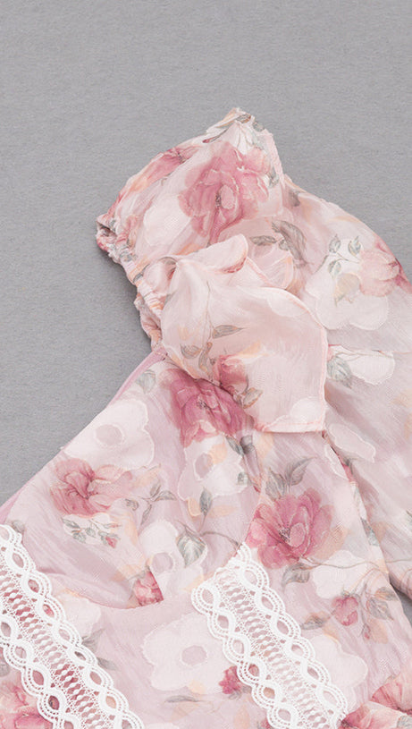 BROOK FLORAL RUCHED MINI DRESS IN PINK