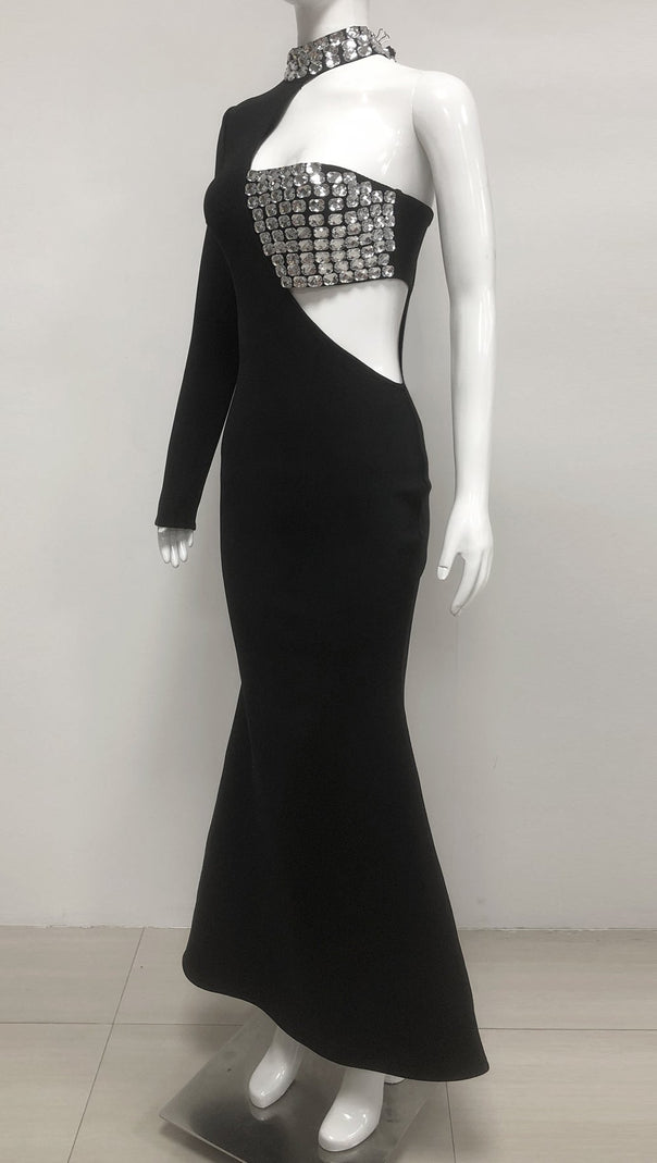AIIZIE CRYSTAL EMBELLISHED ONE-SLEEVE CUT-OUT MAXI DRESS IN BLACK - product image