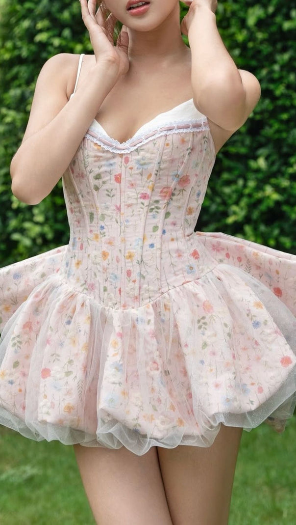 AIIZIE Jaylene Whimsical Floral Corset Mini Dress with Bow Back Detail - product image
