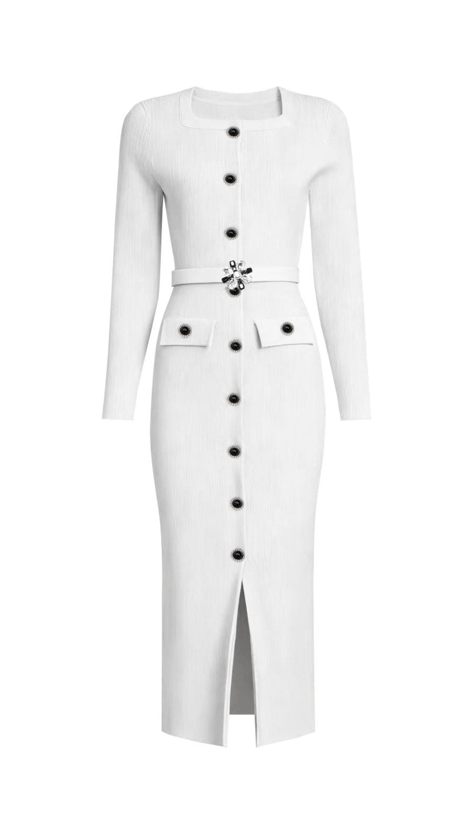 The June Knit Midi Dress: Elegant Ribbed Style with Embellished Belt