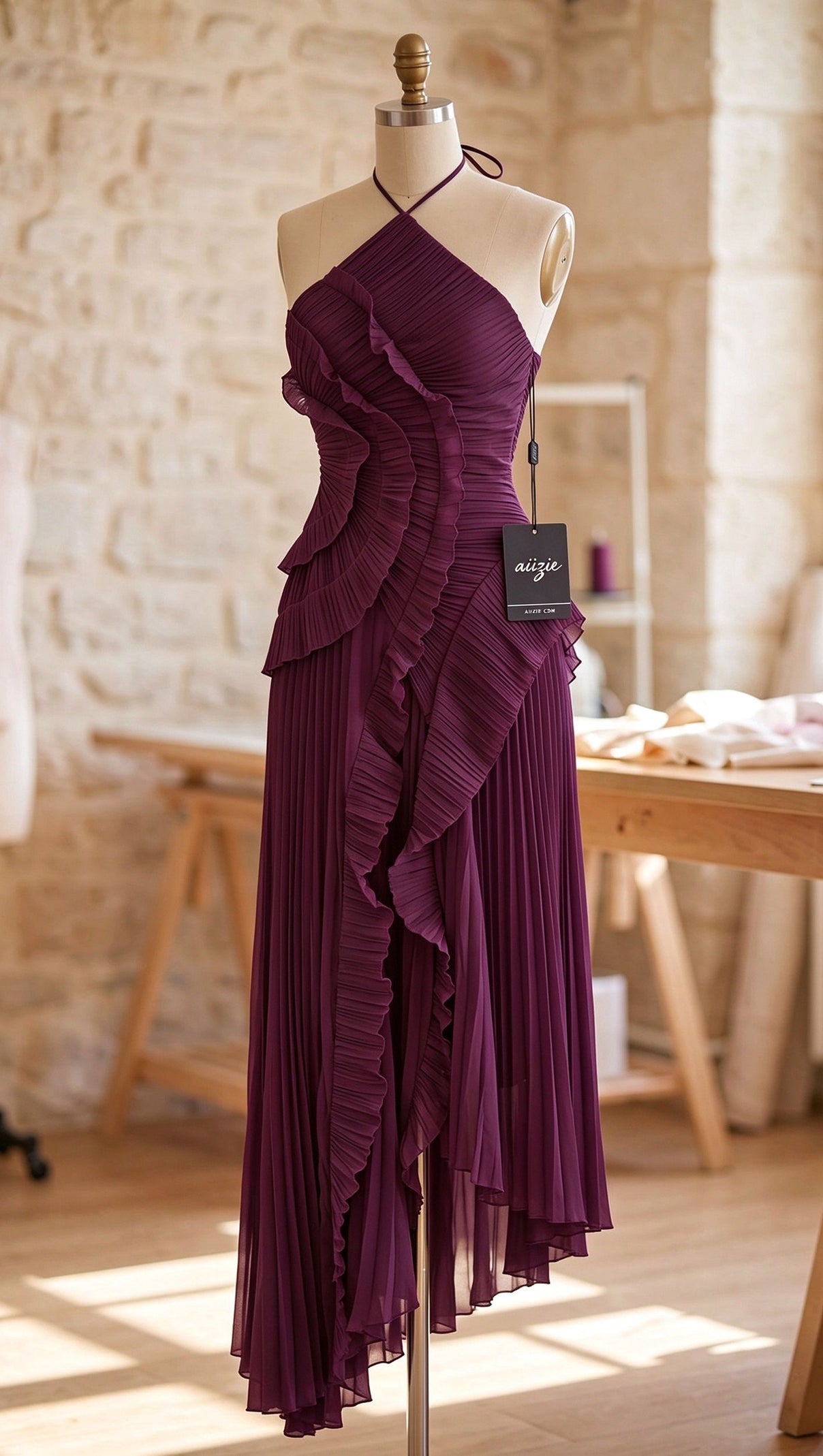 Deep Plum Asymmetrical Pleated Ruffle A-Line Dress