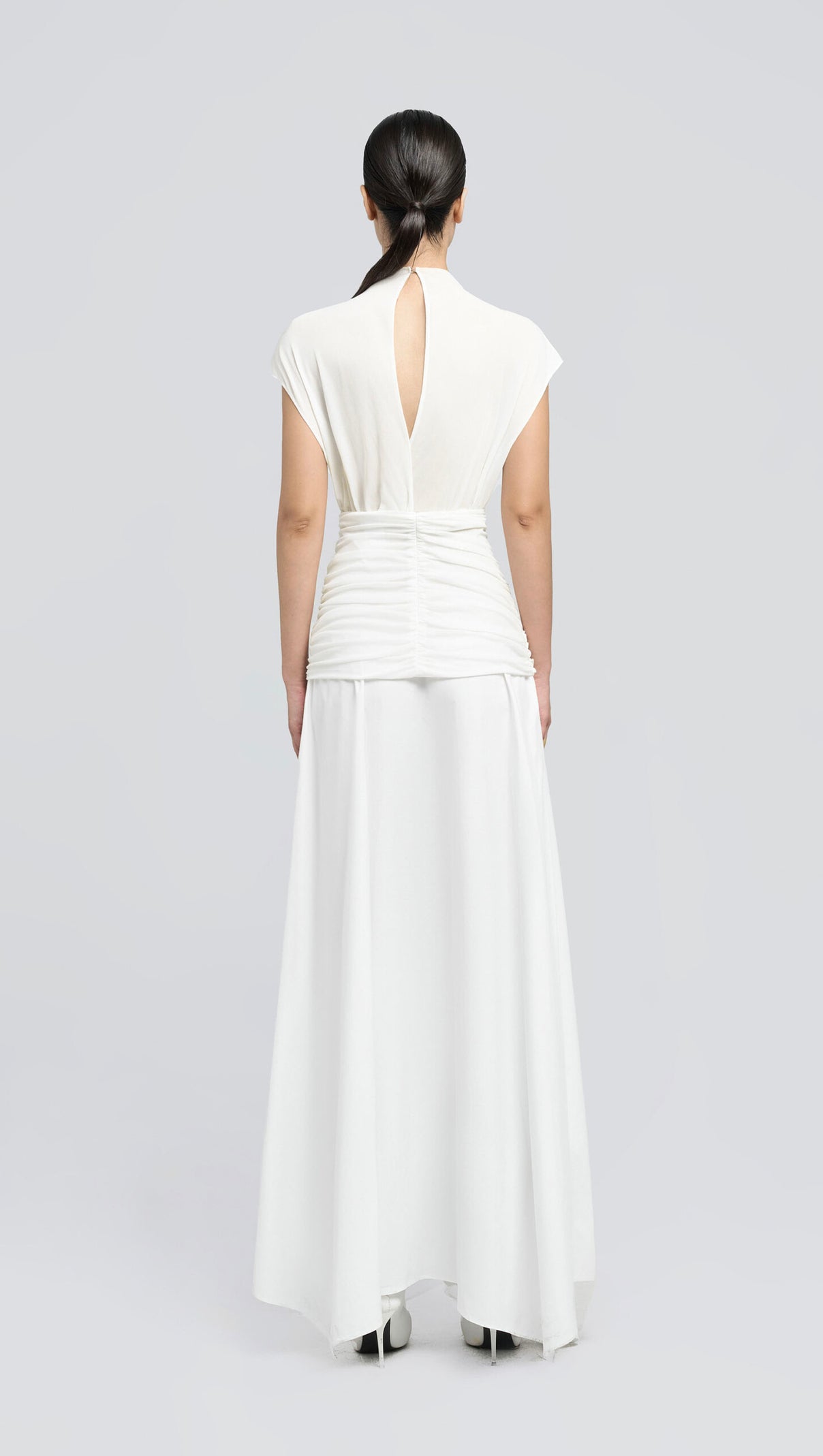 AIIZIE WHITE WAIST CROSS PLEATS MIDI DRESS WITH ASYMMETRIC HEMLINE - product image
