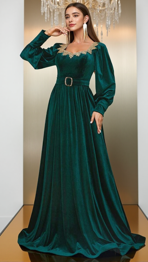AIIZIE ATHENA VELVET LANTERN SLEEVE MAXI DRESS IN DARK GREEN - product image