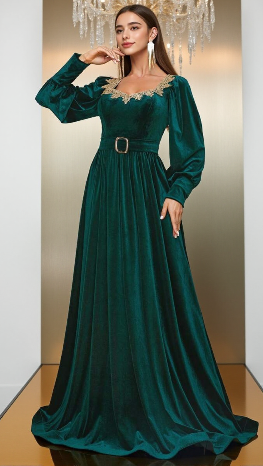 ATHENA VELVET LANTERN SLEEVE MAXI DRESS IN DARK GREEN