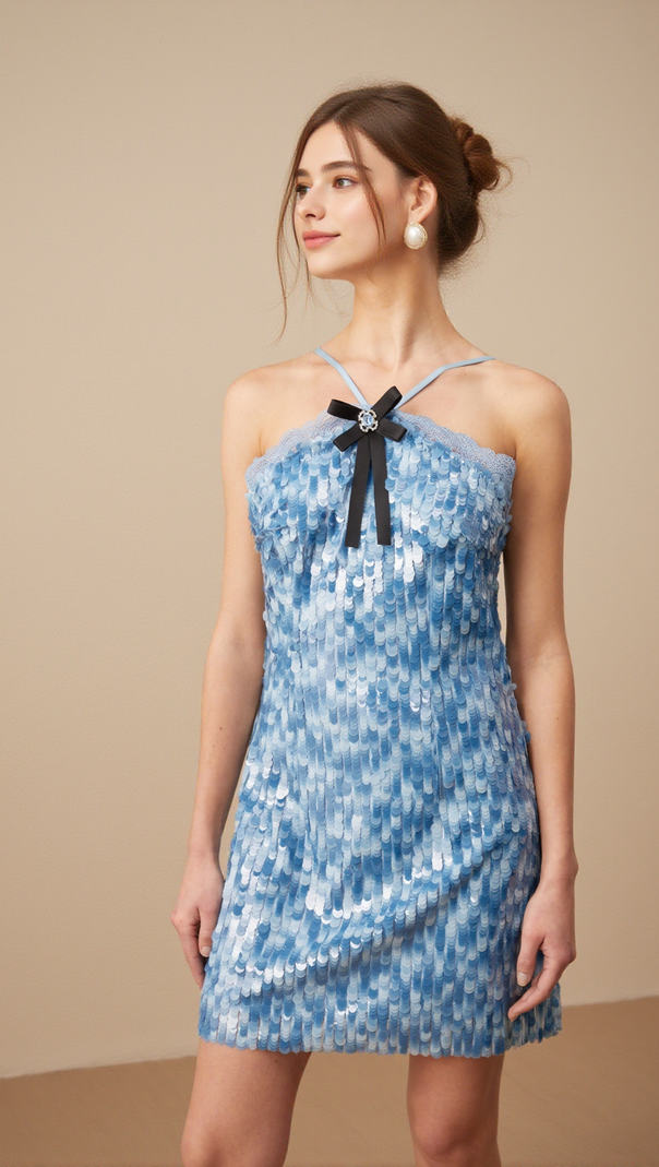 AIIZIE VICTOIRE BLUE HALTERNECK SEQUINED MINI DRESS - product image