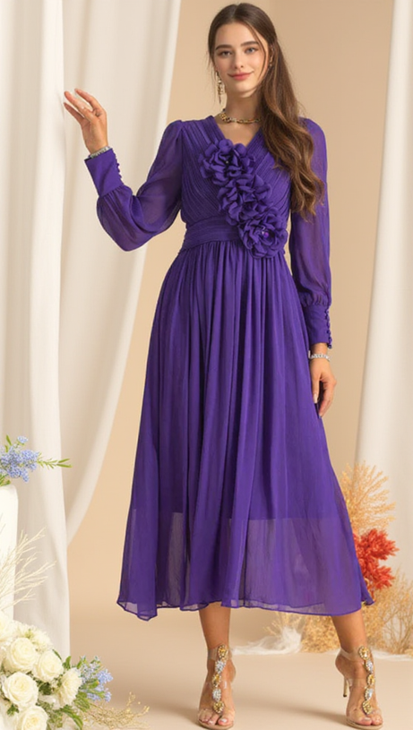 THREE-DIMENSIONAL FLOWER V-NECK PURPLE CHIFFON MAXI DRESS