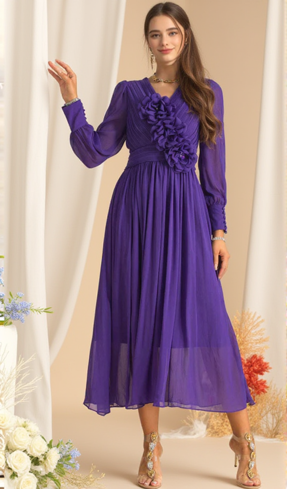AIIZIE THREE-DIMENSIONAL FLOWER V-NECK PURPLE CHIFFON MAXI DRESS - product image