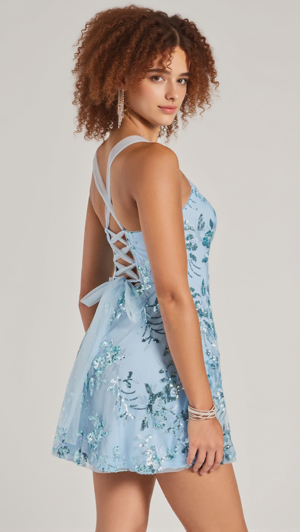 AIIZIE PRETTY ELEGANCE TULLE LACE-UP FLORAL SEQUIN MINI DRESS - product image