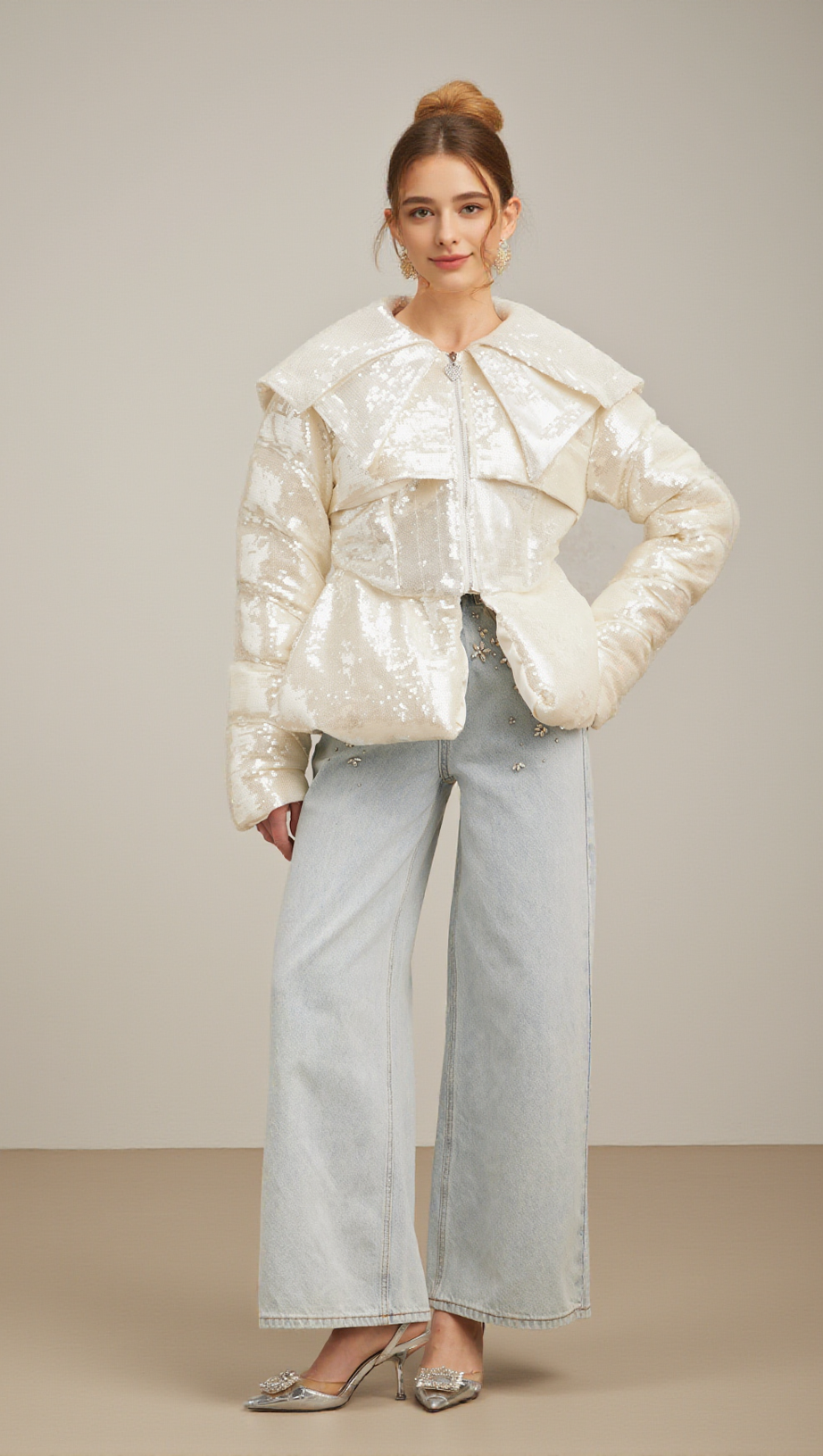 JOSLYN WHITE SEQUINED DOWN COAT