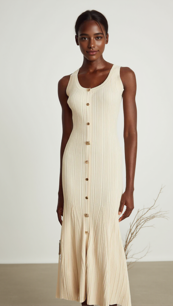 AIIZIE BUTTON-EMBELLISHED RIBBED-KNIT MIDI DRESS IN APRICOT - product image