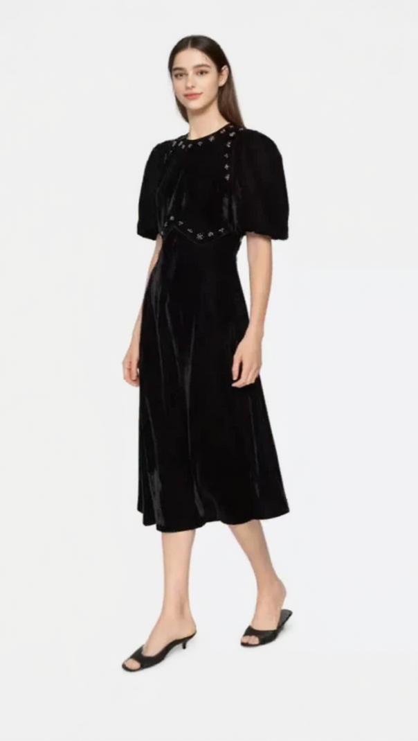 AIIZIE CRYSTAL EMBELLISHED PUFF MIDI DRESS IN BLACK - product image