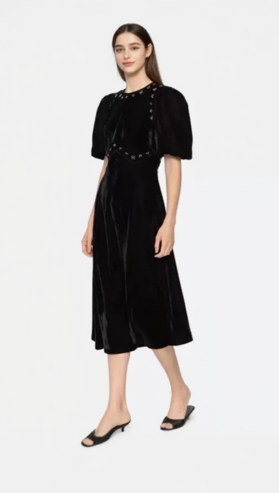 CRYSTAL EMBELLISHED PUFF MIDI DRESS IN BLACK