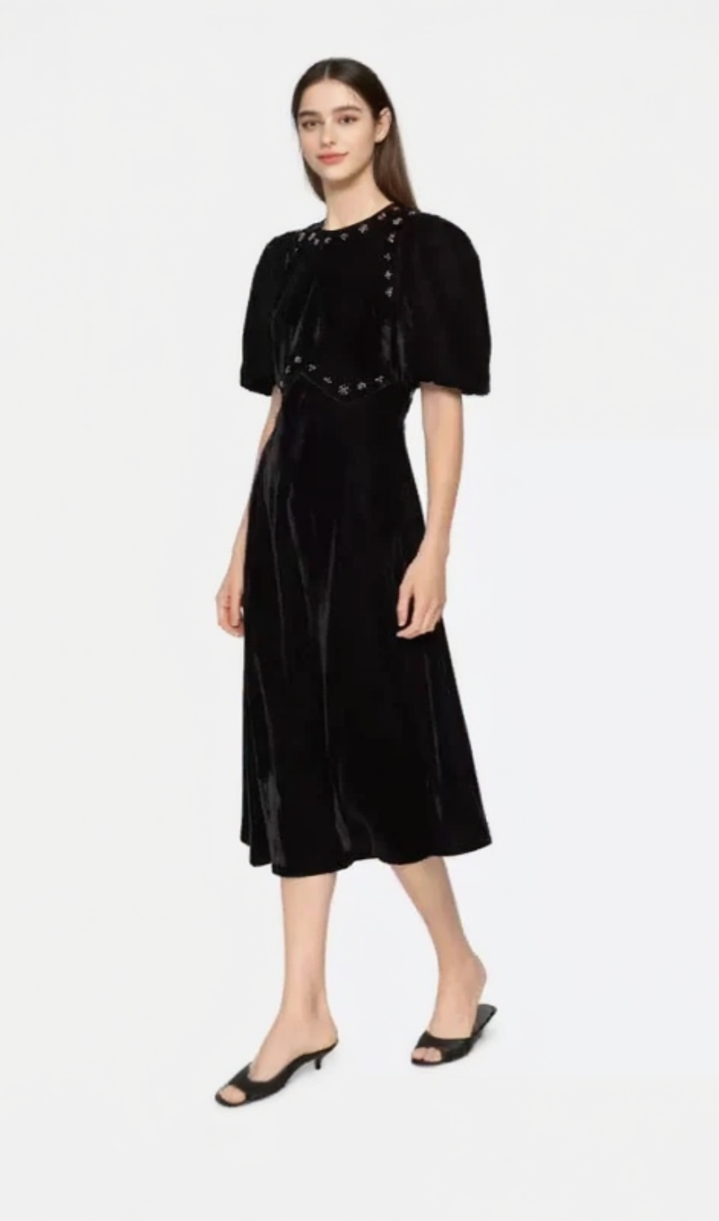 CRYSTAL EMBELLISHED PUFF MIDI DRESS IN BLACK