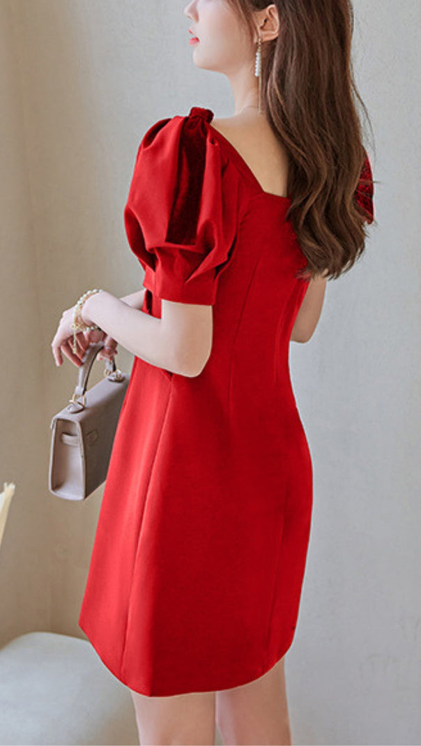 AIIZIE VELVET TIERED PUFF SLEEVE MINI DRESS IN RED - product image