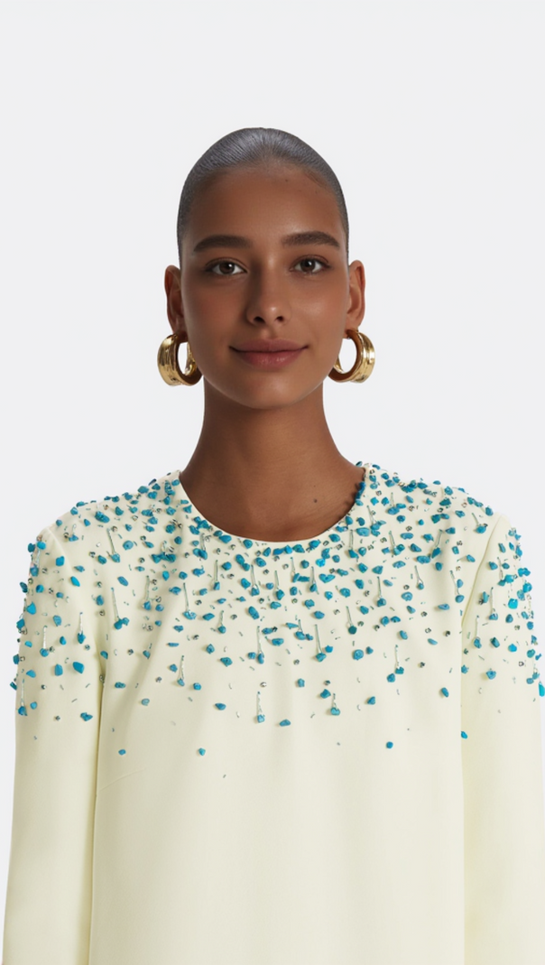 AIIZIE RHINESTONE EMBELLISHED ROUND NECK MAXI DRESS IN BEIGE - product image