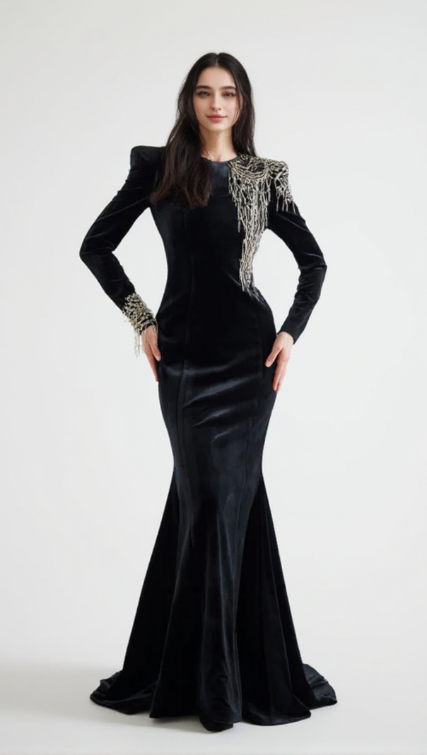 AIIZIE EMBROIDERED VELVET MAXI DRESS IN BLACK - product image