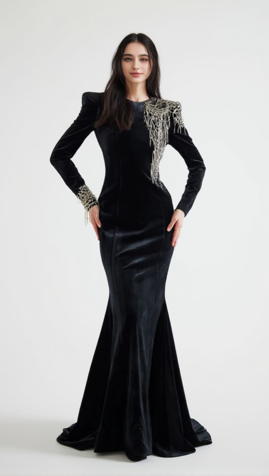 EMBROIDERED VELVET MAXI DRESS IN BLACK
