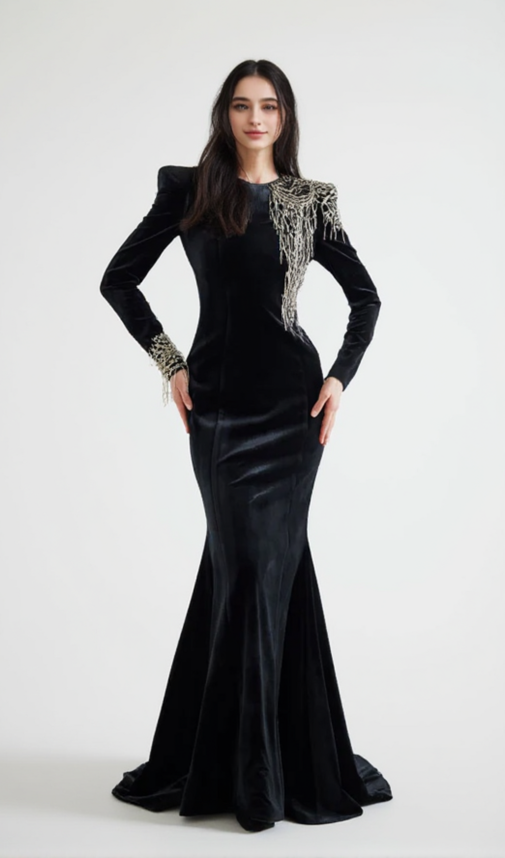 EMBROIDERED VELVET MAXI DRESS IN BLACK