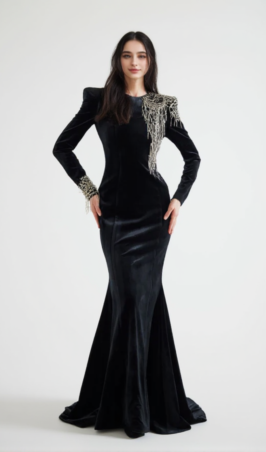 EMBROIDERED VELVET MAXI DRESS IN BLACK