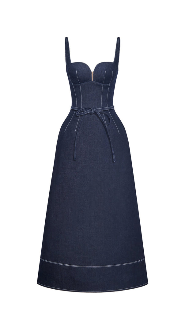 AIIZIE A-LINE SLEEVELESS DENIM MIDI DRESS IN BLUE - product image