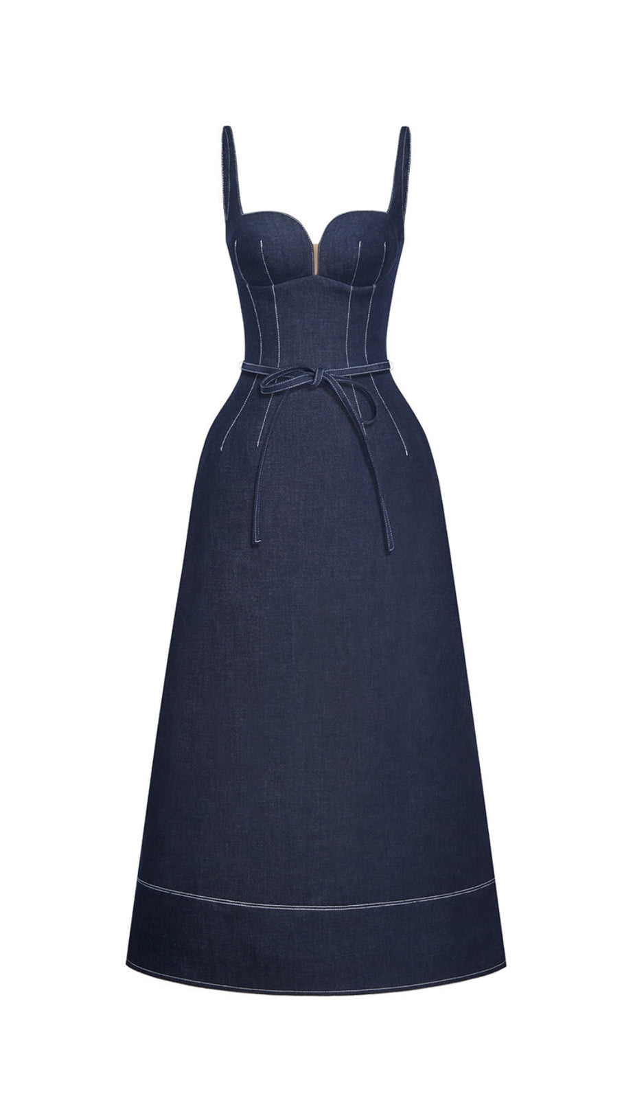 A-LINE SLEEVELESS DENIM MIDI DRESS IN BLUE