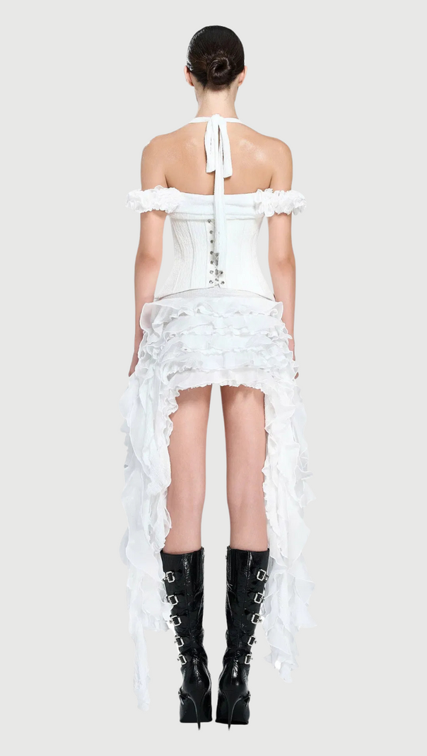 AIIZIE ELVA HALTER THREE-DIMENSIONAL FLOWER IRREGULAR TASSEL MINI DRESS IN WHITE - product image