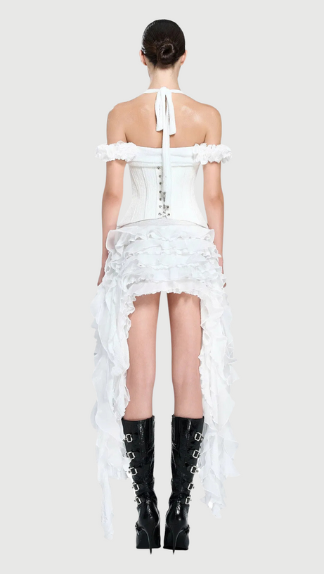 ELVA MINI ABITO CON SCOLLO A V, FIORI TRIDIMENSIONALI E NAPPE IRREGOLARI IN BIANCO