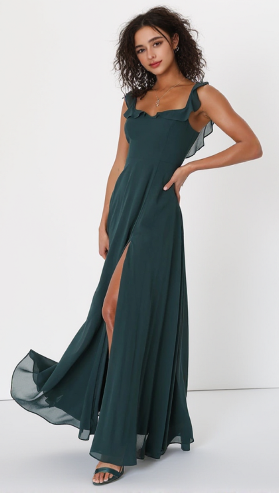 DREAMY ADMIRATION EMERALD GREEN RUFFLED MAXI DRESS