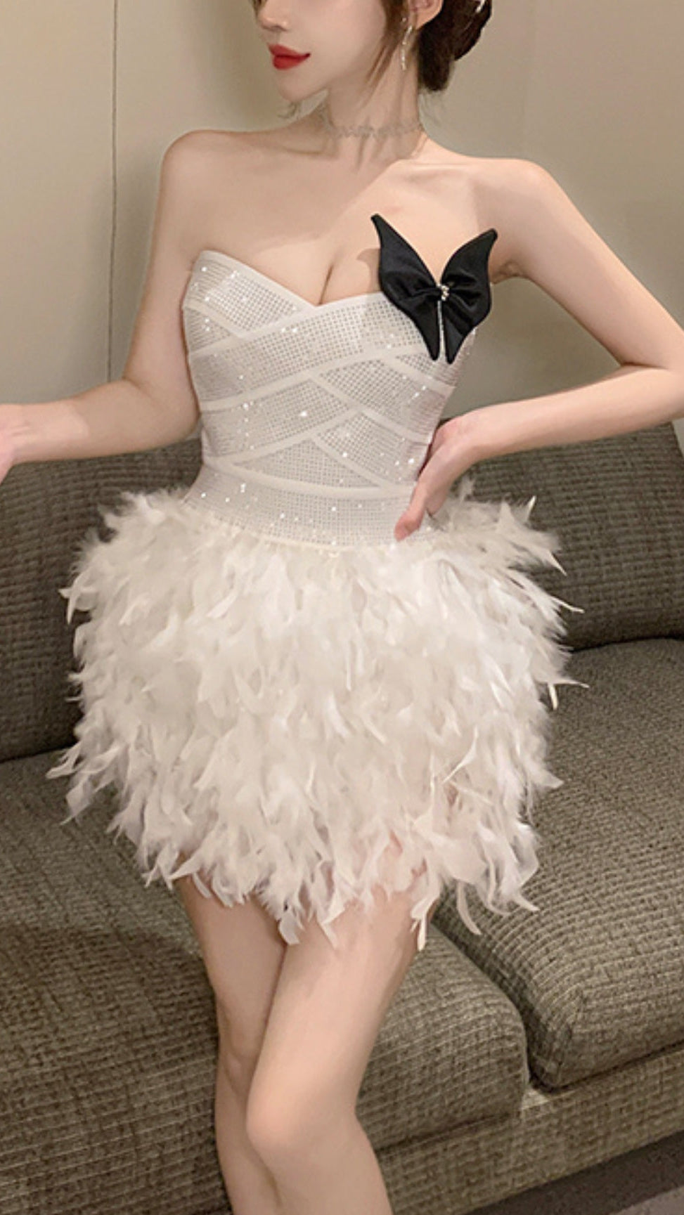 RHINESTONE FEATHER STRAPLESS MINI DRESS IN WHITE