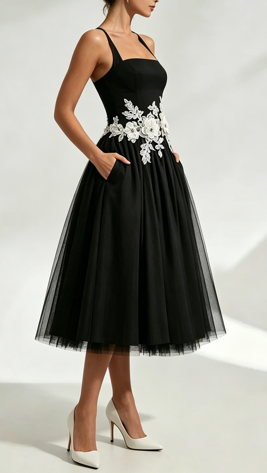 Lace Embroidery Cressida Midi Dress - Black