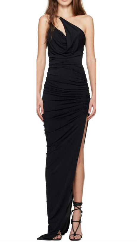 ONE-SHOULDER SLEEVELESS RUCHED BODYCON MAXI DRESS IN BLACK