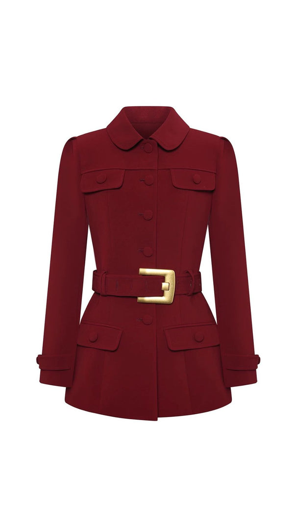 AIIZIE Jadran Power Peplum Blazer | Rich Burgundy Tailored Jacket with Gold Buckle - product image