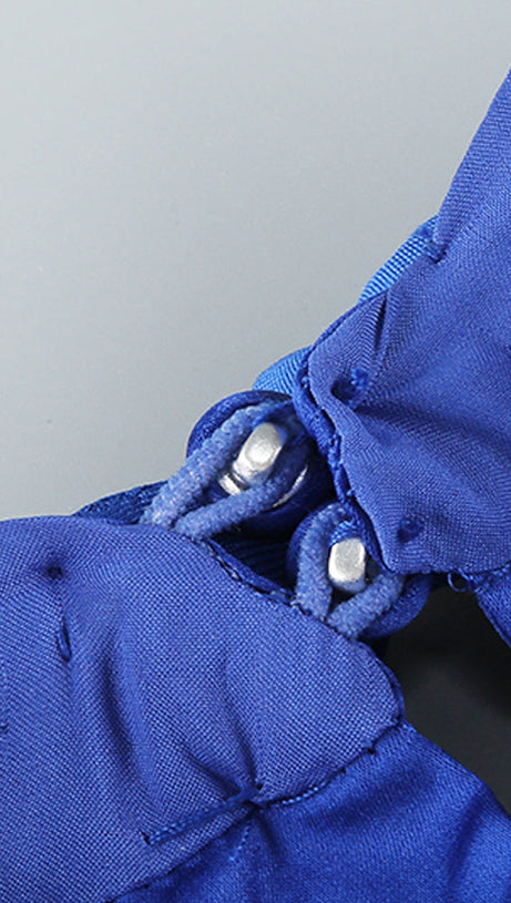 BEVERLY BRAID EMBELLISHED RUCHED HALTER GOWN IN BLUE