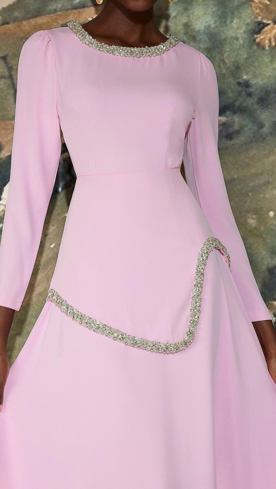 damla Rhinestone embellished Long Sleeve Midi Dress - pink
