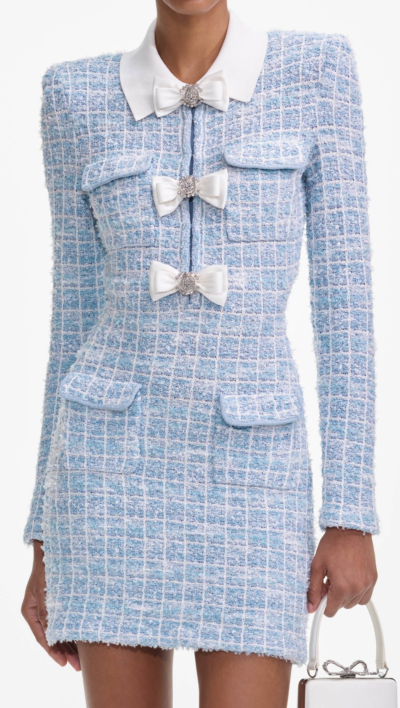 CHECK COLLARED KNIT MINI DRESS IN BLUE