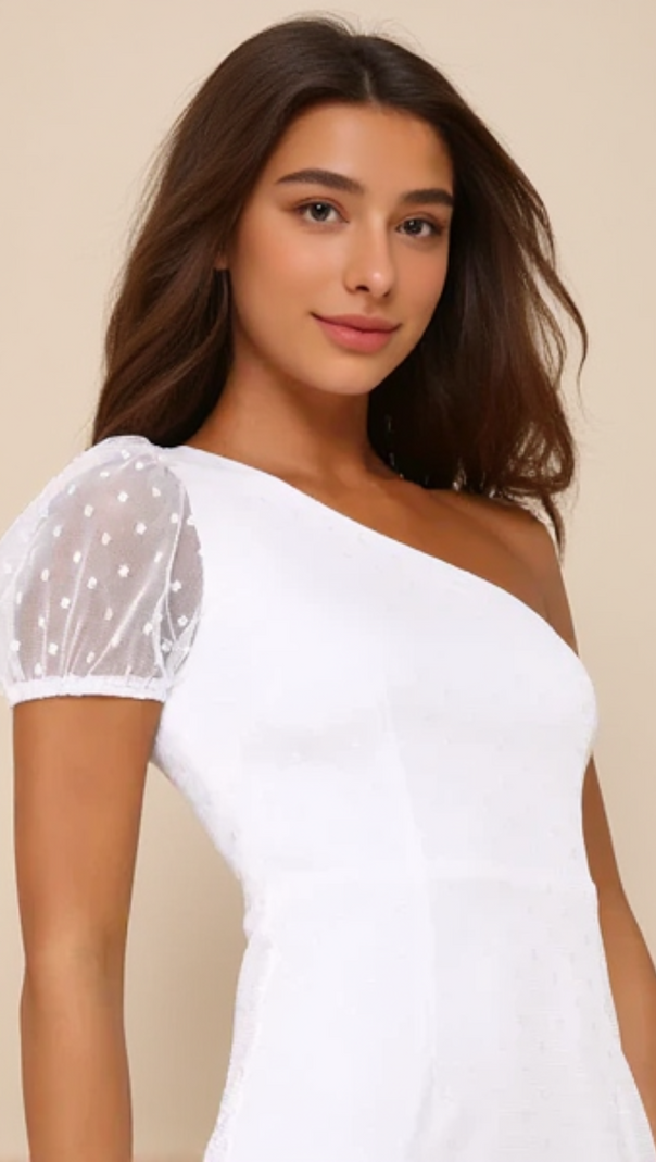 AIIZIE AMAZING GLAMOUR WHITE POLKA DOT MESH ONE-SHOULDER MIDI DRESS - product image