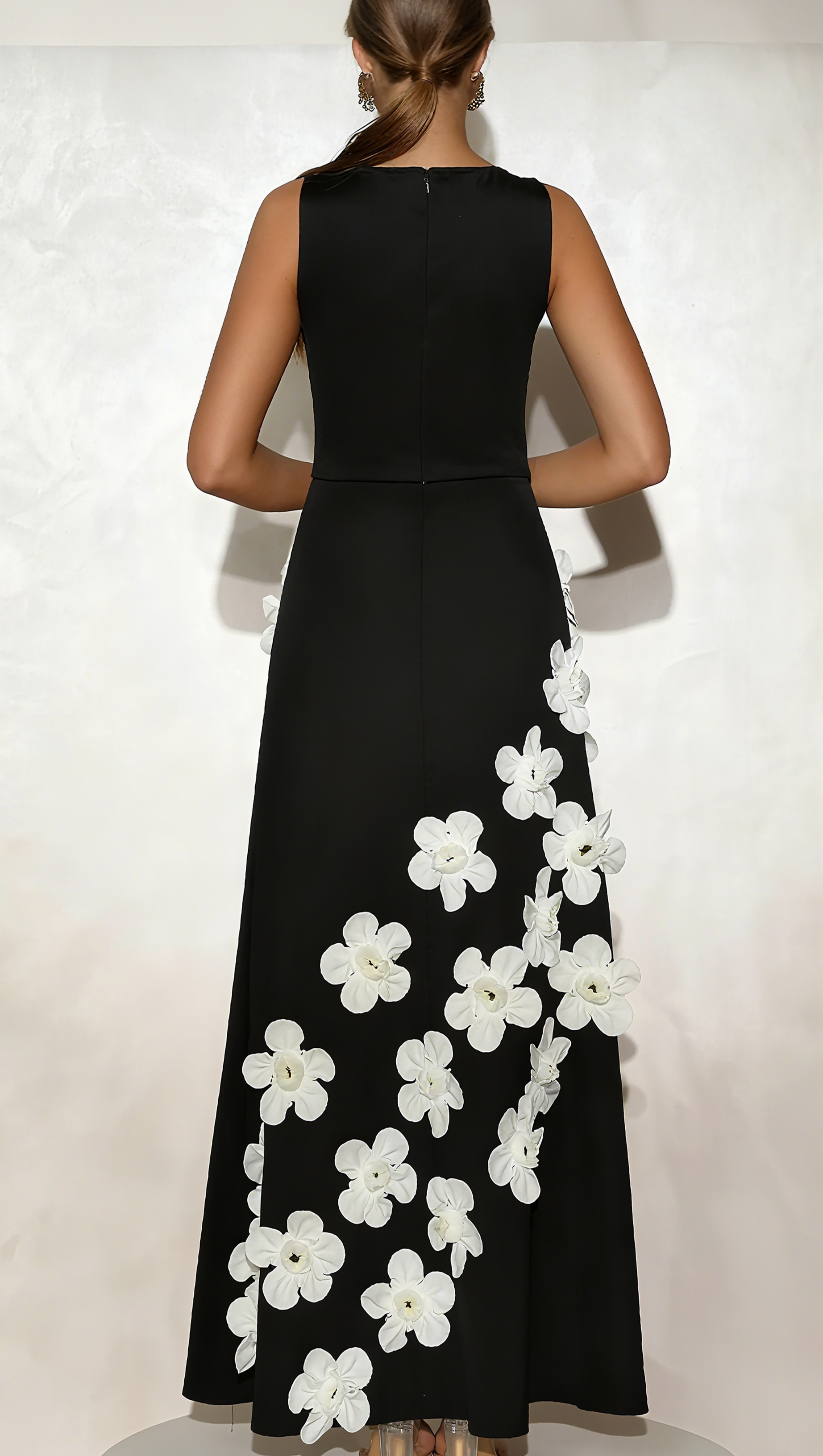 MARCIA 3D FLOWER A-LINE MAXI DRESS IN BLACK