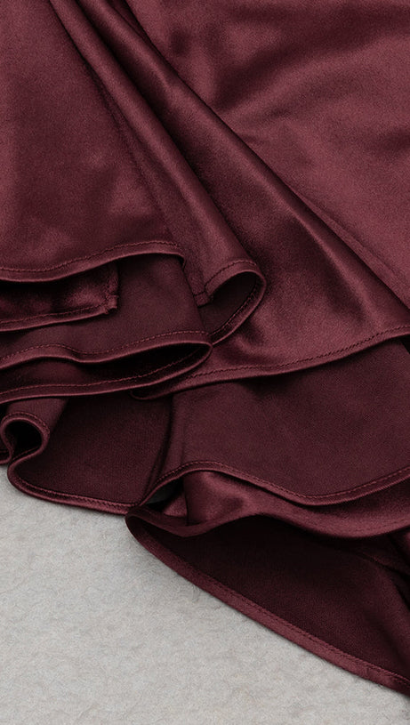 CORNELIA RUCHED HALTER BACKLESS MAXI DRESS IN BROWN