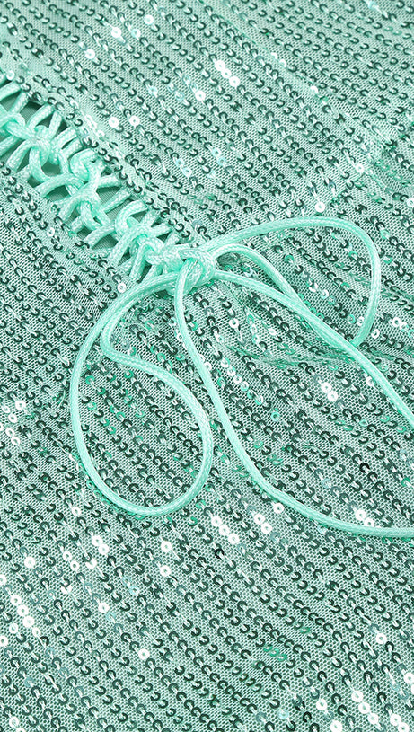 SEQUIN RUCHED HIGH SLIT MAXI DRESS IN GREEN