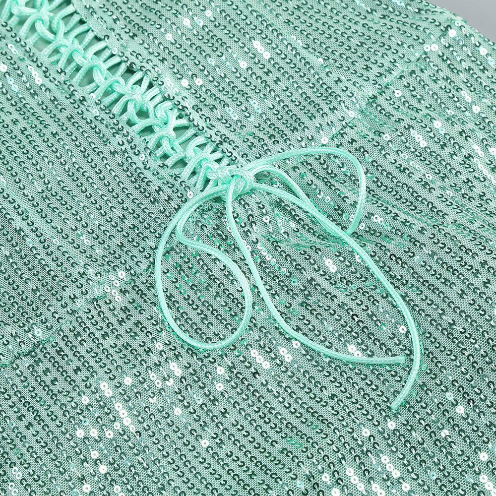 ABITO LUNGO CON SPACCO ALTO E RUCHES DI PAILLETTES VERDE
