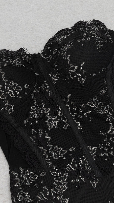 CLAIRE BLACK MESH PATCHWORK STRAPLESS MAXI DRESS