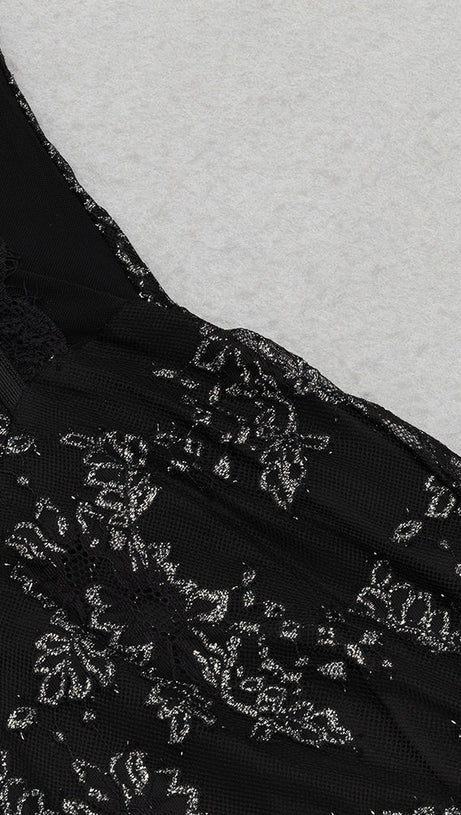 CLAIRE BLACK MESH PATCHWORK STRAPLESS MAXI DRESS